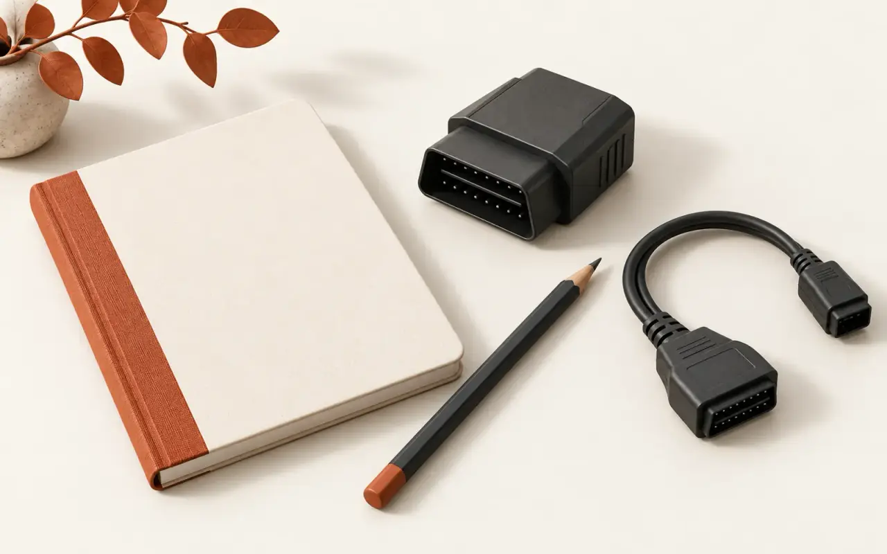 Illustration : adaptateur de diagnostic et carnet pour préparer son choix.