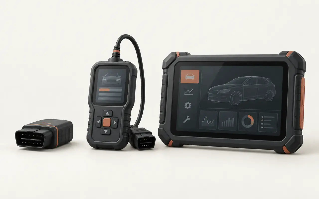 Illustration : adaptateur, lecteur de codes et tablette de diagnostic.
