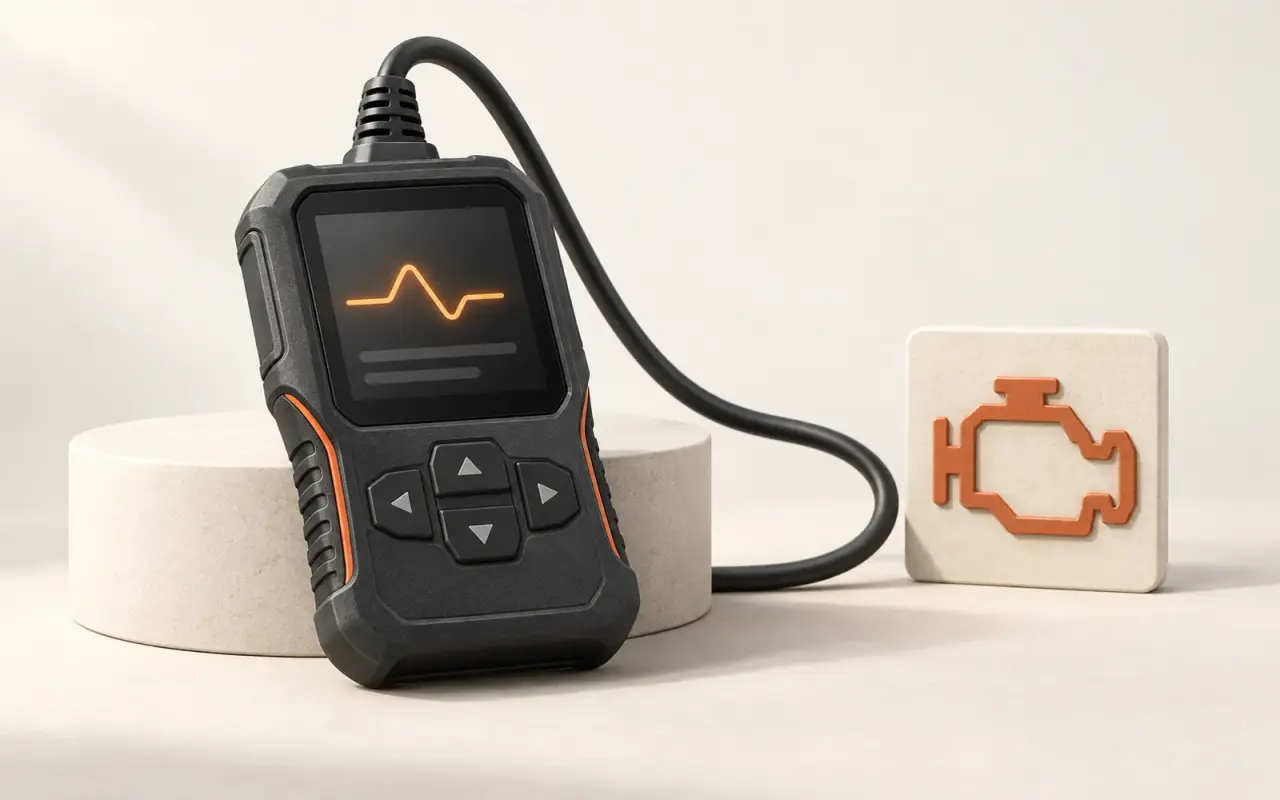 Illustration : lecteur de diagnostic et symbole de voyant moteur.